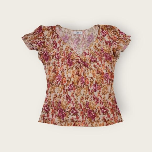 Vintage Y2k A. Byer orange floral print slightly sheer flutter sleeve shirt - Picture 1 of 4